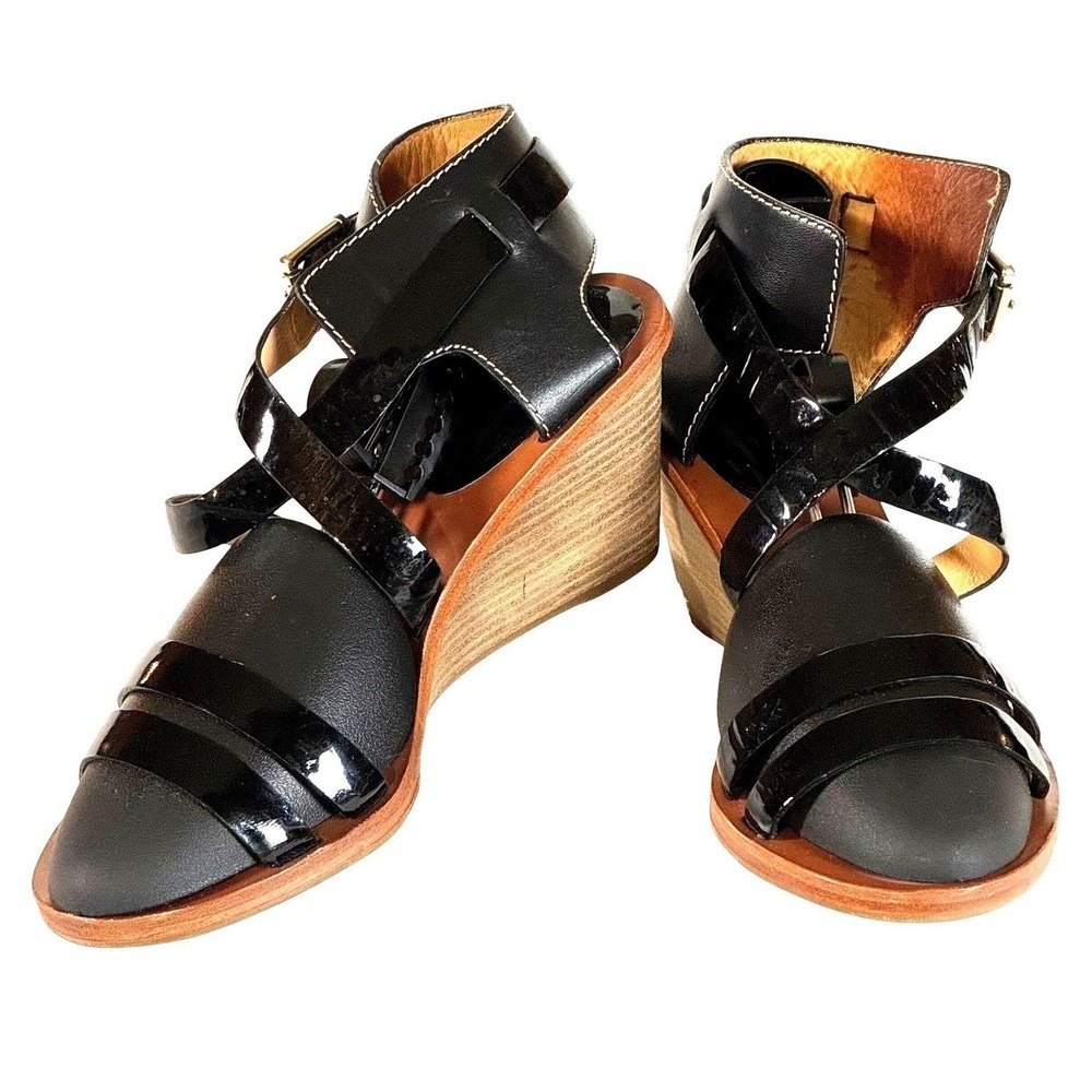 Coach Black Leather & Patent Wedge Slingback Sandals Ankle Strap 3" Heel Women's